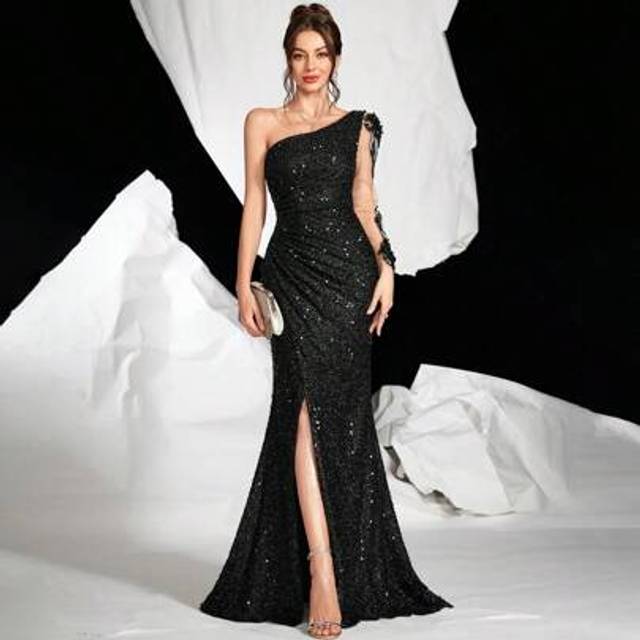 SHEIN Fashionable Sequin Accent One Shoulder Long Sleeve Evening Gown, Embroidery & Mesh Patchwork Maxi Dress, Party Dress, Wedding Guest Dress, Formal Dres