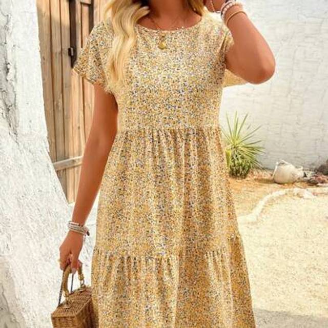 SHEIN Women Ditsy Floral Round Neck Ruffle Hem Midi Dress, Short Sleeve