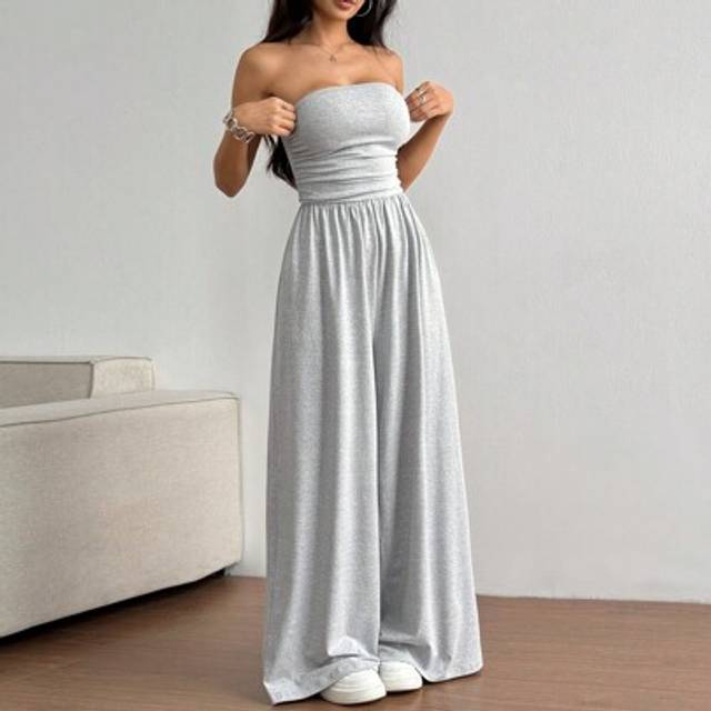 Flirla Casual Gathered Bandeau Loose Wide Leg Jumpsuit