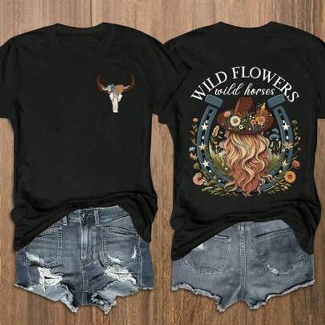 SHEIN Wild Flowers & Wild Horses Print Round Neck T-Shirt, Casual Daily Short Sleeve Tee For Music Festival