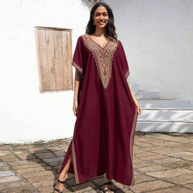 SHEIN Red Embroidered Women&#39;s Abaya Short Sleeve Casual Modest Dresses