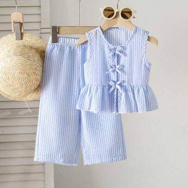 SHEIN 2pcs Baby Girls Toddler 0-3yrs Spring Summer Casual Sweet Daily Vacation Striped Woven Sleeveless Top And Wide Leg Pants Set