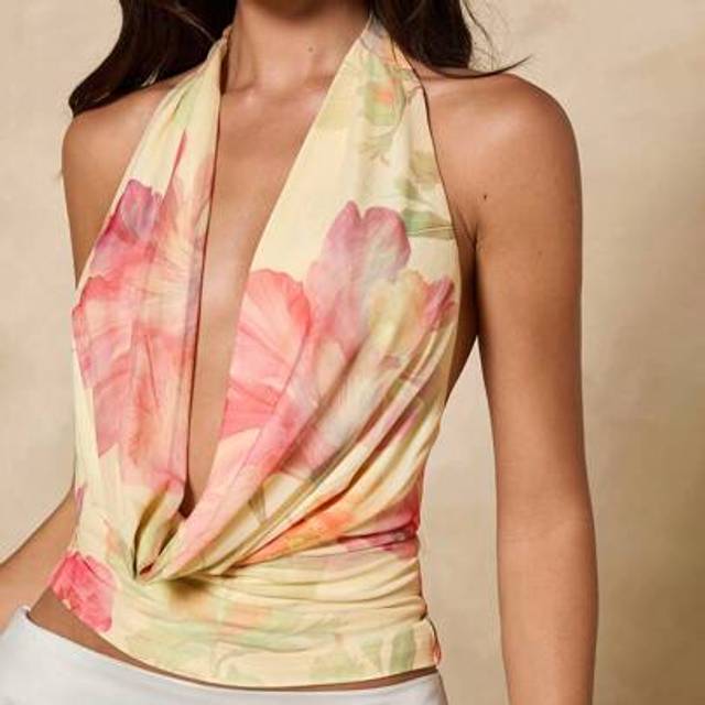 SHEIN Women Summer Floral Print Halter Neck Blouse,Summer Tops,Tube Top,Crop Tops,Blusas Elegantes Para Mujer,Pink Top,Cream Yellow, Butter Yellow Top
