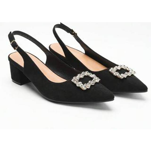 SHEIN Wide Fit Women&#39;s Faux Suede Closed Toe Slingback Pumps, Women&#39;s Spring/Summer New Simple Style Low Heel Dress Shoes With Rhinestone Decor, Elegant Par