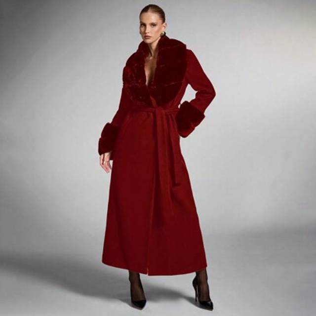 SHEIN Women&#39;s Solid Color Fluffy Shawl Collar Long Sleeve Long Elegant Wool Blend Coat, Vintage Coat Winter Fall Women Clothes Halloween Customs Women Conce