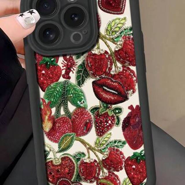 SHEIN 1pc Diamond-Like Cherry Red Lip Print Black Sandstone Cell Phone Case Compatible With IPhone 16e, 13, 15, 15 Pro, 14 Pro, 14 Plus, 7/8 Plus, 11, 12 Pr