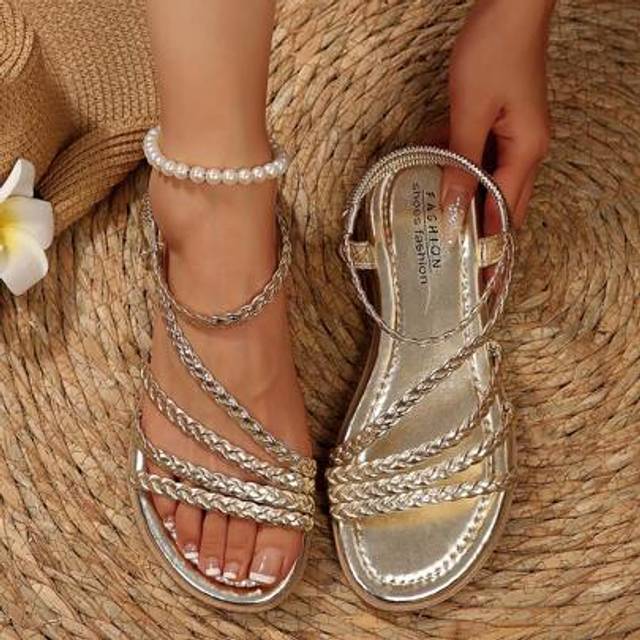SHEIN Handwoven Crystal Strap Comfortable Flat Sandals For Women, Outdoor Ladies Sandals