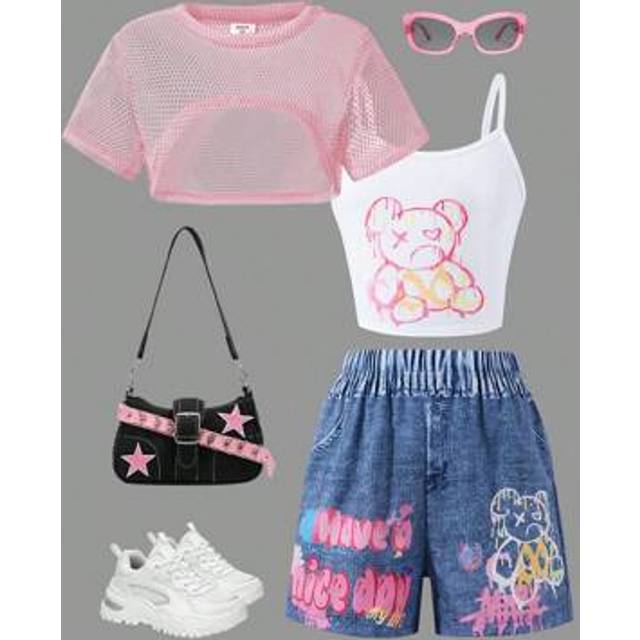 SHEIN Tween Girls 3 Pieces Set: Loose Casual Mesh Cropped Top, Allover Print Sleeveless Tank And Shorts With Fashionable Design, Suitable For Daily Commute,