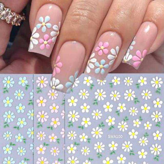 SHEIN 3D Daisy Flower Nail Stickers 3pcs White Pink Blue Daisy Petals Floral Leaves Design DIY Spring Summer Self-Adhesive Gel Polish Decal Sliders Salon Ma