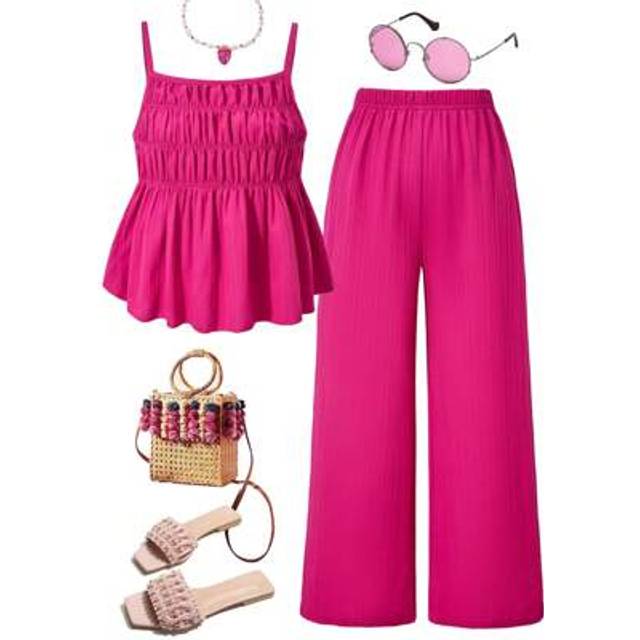 SHEIN 2pcs Tween Girl Casual Sweet Crinkle Textured Puff Design Camisole Top And Loose Wide Leg Pants Pink Set, Suitable For Daily, Commuting, Holiday, Sist