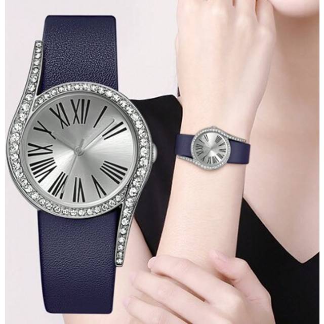 SHEIN Women&#39;s Elegant Fashionable Roman Numerals With Inlaid Rhinestones Watch Case Leather Strap Quartz Wristwatch