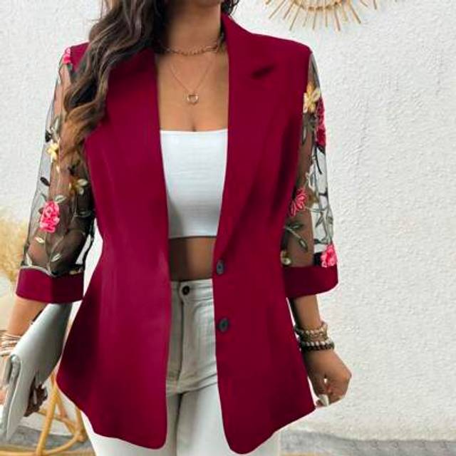 SHEIN Plus Size Women&#39;s Blazer, Bestseller, Featuring Mesh Fabric Patchwork, Slightly Cinched Waist, Open Front With Button Closure, Regular Fit, Minimalist