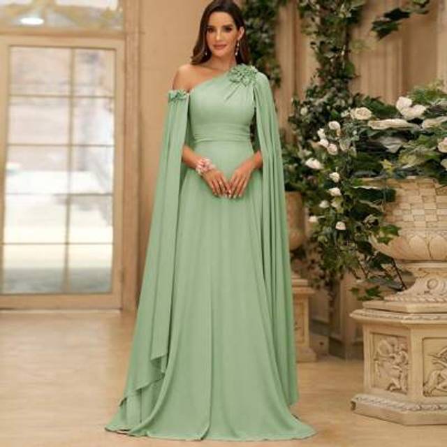 SHEIN 3D Flower Decor, Flowy Sleeve, Asymmetrical Shoulder Chiffon Bridesmaid Dress, Women Evening Party Gown, Wedding Guest Dress, Formal Dress