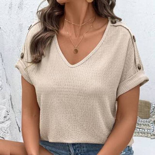 SHEIN New Button Decorated Women V-Neck Textured Casual T-Shirt, Best Seller
