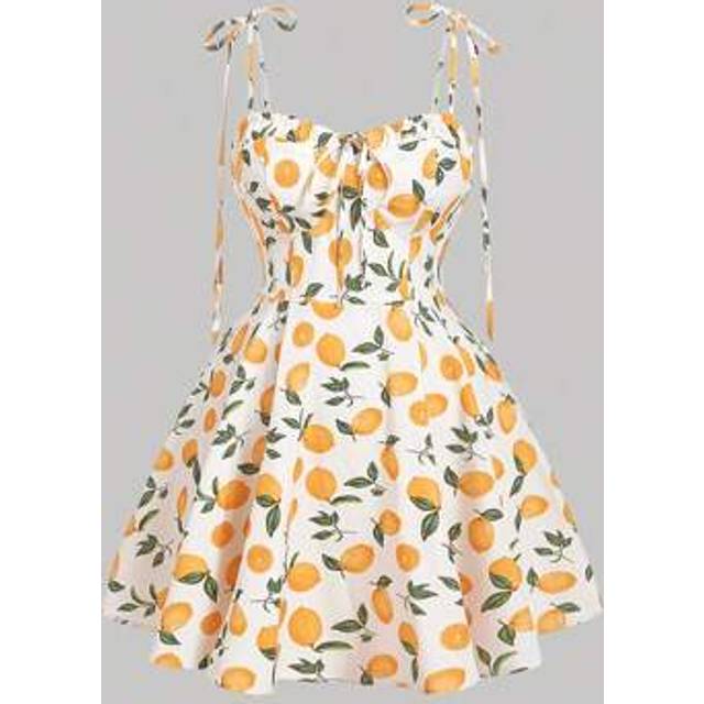 SHEIN Plus Size Fruit Print Orange Leaf Romantic Vacation Cute Mini Dress,Beach Dress Sundress,Holiday Outfits Boho,Summer Outfits For Women ,Beach Outfits