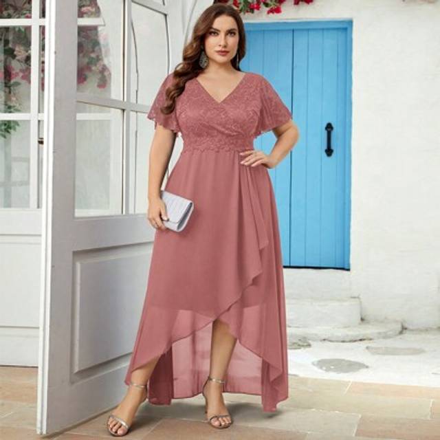 SHEIN Plus Size V Neck Contrast Floral Lace Chiffon Wrap Hem Formal Dress, Party Dress, Wedding Guest Dress, Evening Dress,Gown