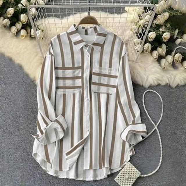 INAWLY Plus Size Women Striped Long Sleeve Casual Blouse, Spring/Summer