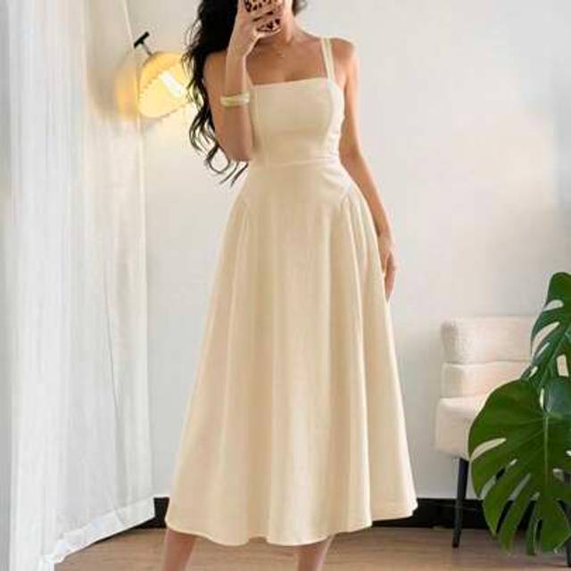 Firerie Women&#39;s Elegant Simple Vacation Beach Yellow Ruched Textured Fabric Spaghetti Strap Cinched Waist A-Line Midi Dress, Summer