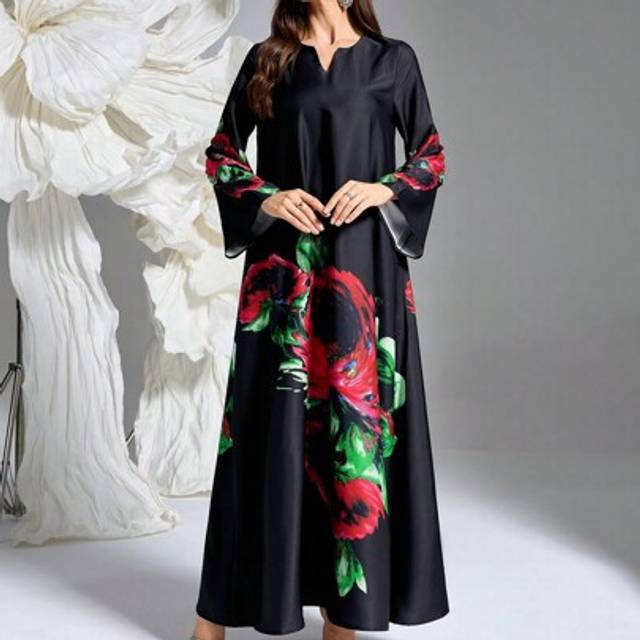 SHEIN V-Neck Dress, All-Over Printed, Thick Soft 4-Way Stretch Fabric, Elegant Luxury Arabic Style Abaya Dress For Women, Modest