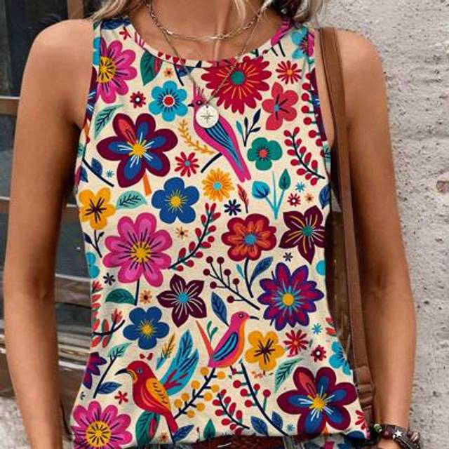 SHEIN Women&#39;s Round Neck Print Retro Floral Tank Top, Suitable For Spring And Summer Holiday