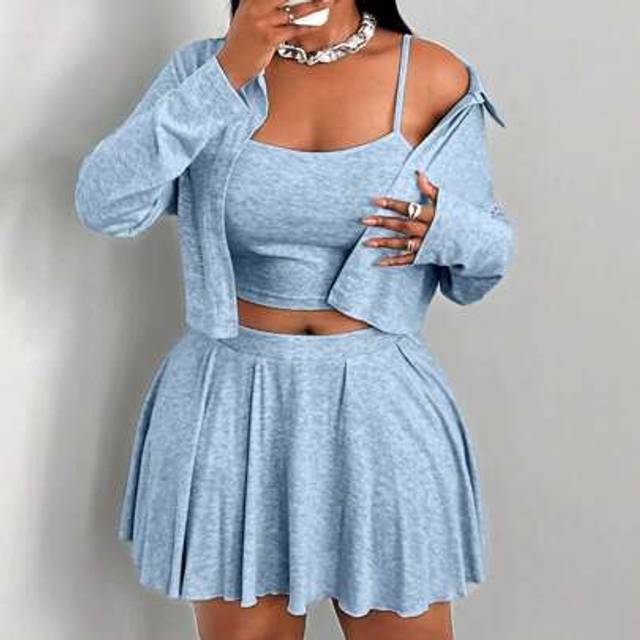 Maweii 3pcs Plus Size Women Plain Color Casual Set:, Jacket & Cami Top & Skort