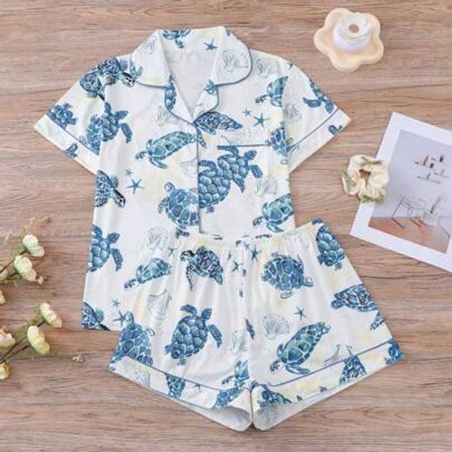SHEIN 2pcs/Set Cute Ocean Theme Sea Turtle Printed Women Pajamas Set, Short Sleeve Collared Top & Relaxed Elastic Waist Shorts, Casual Sleepwear Loungewear,