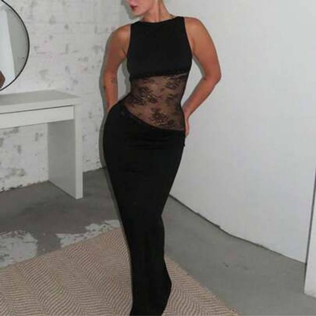 SHEIN Women Summer Sleeveless Hollow Out Backless Mesh Patchwork Long Dress Bodycon Sexy Party Dress