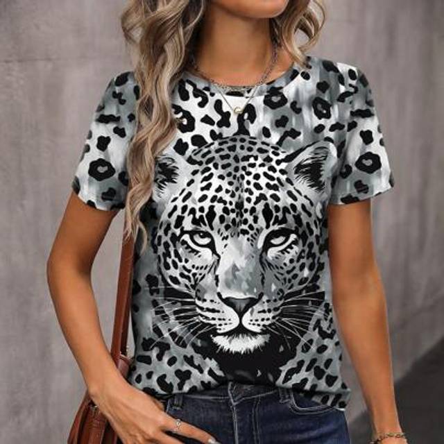 INAWLY Cheetah Full Graphic, Vintage Leopard Print Crew Neck Short Sleeve Women T-Shirt Graphic Tees Women Tops