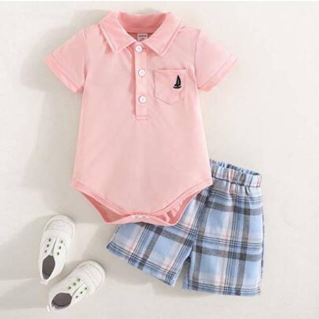 SHEIN 2pcs Baby Boys Collar Button Up Polo Shirt Bodysuit With Pockets, Sailboat Embroidered + Elastic Waist Plaid Casual Shorts, Fashionable Versatile Spor