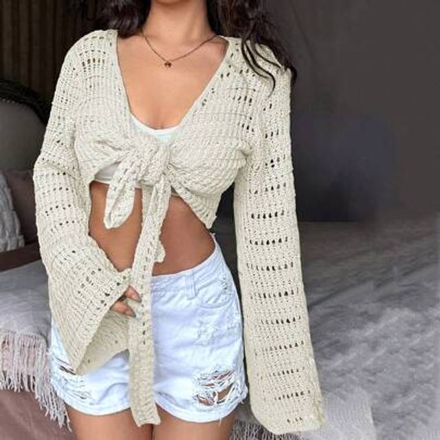 Flirla Solid Color Hollow Out Knitted Peplum Cardigan With Bell Sleeves And Tie Front