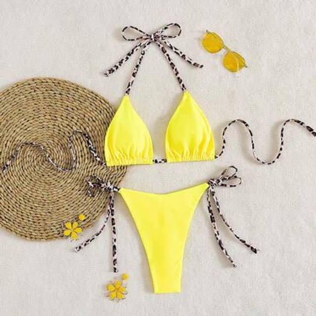 SHEIN 2pcs Minimalist Sexy Halter Strap Leopard Print Women&#39;s Bikini Swimsuit