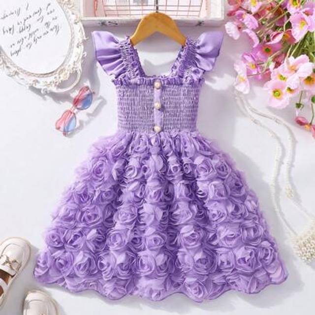 SHEIN Young Girl Solid Color Embroidery And Cap Sleeves Three-Dimensional Flower Stitching Elegant Summer Dress