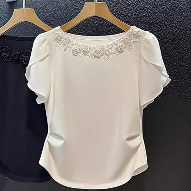 SHEIN Women&#39;s Casual Floral Embroidery Round Neck Ruffle Sleeve T-Shirt For Summer