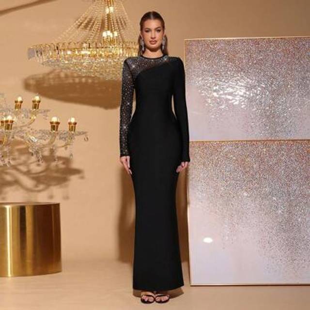 Modphy Black Mesh Patchwork Sexy Long Sleeve Handmade Beaded & Rhinestone Tight Bandage Dress, Elegant For Wedding, Party, Birthday, Formal Occasion, Gown, F
