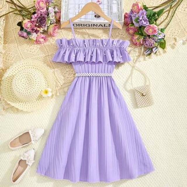 SHEIN Tween Girls&#39; Woven Ruffle Off Shoulder Adjustable Simple Dress, Casual And Minimalist For Outdoor, Spring & Summer