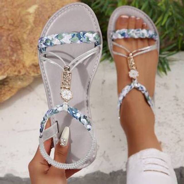 SHEIN Women&#39;s Summer Vintage Beaded Sandals, Flat Woven Casual Outdoor Slippers