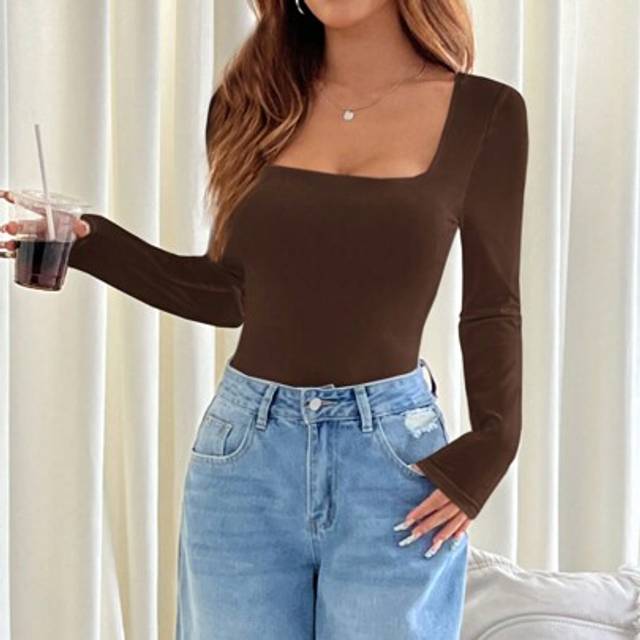 SHEIN Padded Solid Color Square Neck Long Sleeve Bodysuit For Women
