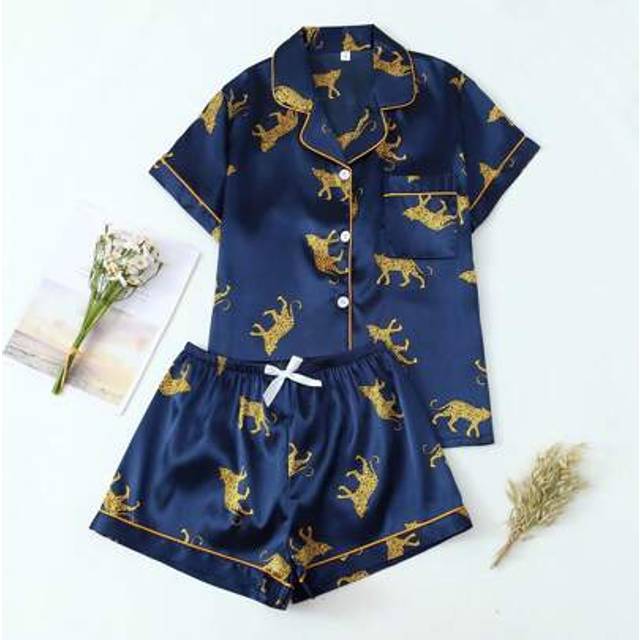 SHEIN 2pcs Satin Pajamas Set, Blue Leopard & Tiger Print Short Sleeve Shirt And Bowknot Shorts For Women