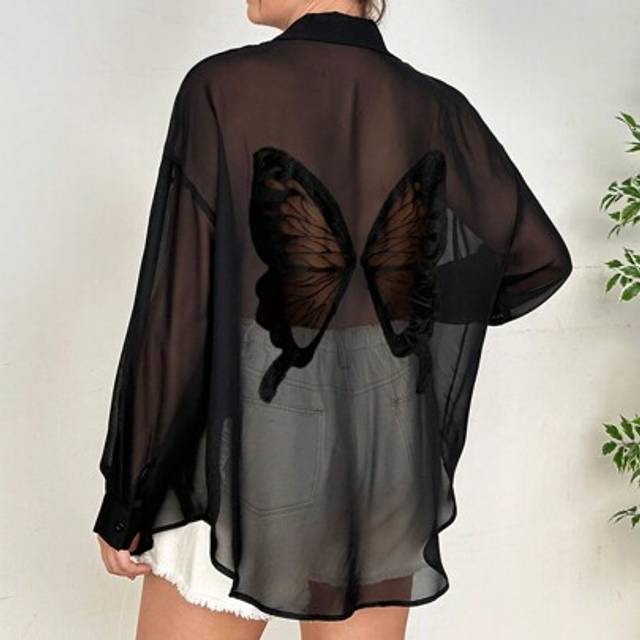 SHEIN Plus Size Black Chiffon Sheer Back Butterfly Embroidered Blouse
