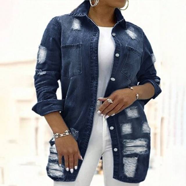SHEIN Plus Size Women Distressed Ripped Washed Long Denim Jacket