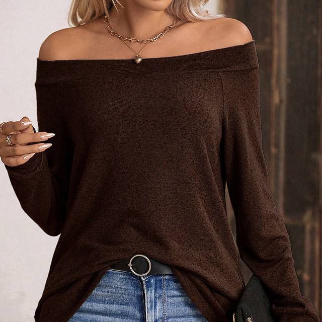 SHEIN Women Off Shoulder Long Sleeve Casual T-Shirt, Solid Color, Autumn Fall Cloth For Women