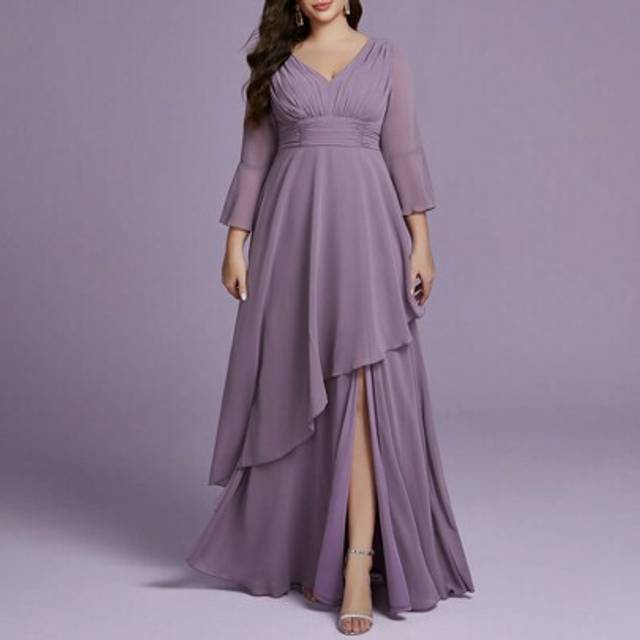 SHEIN Mgiacy Plus Size Solid Color V-Neck Asymmetrical Hem Long Sleeve Bridesmaid Dress