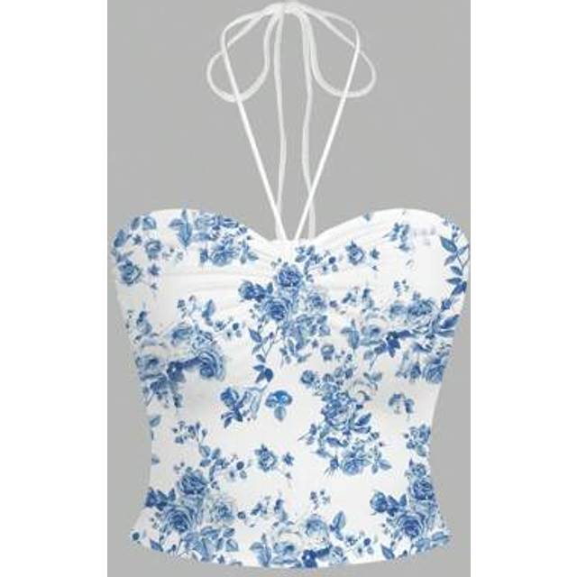 SHEIN Women&#39;s Casual Blue Ditsy Floral Ruched Front Halter Neck Form-Fitting Tank Top, Suitable For Vacation, Cute & Sweet