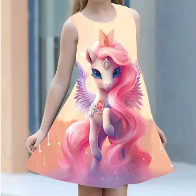 SHEIN Tween Girl Dreamy 3D Starry Sky Unicorn Sleeveless Dress - Casual Summer Wear, Machine Washable