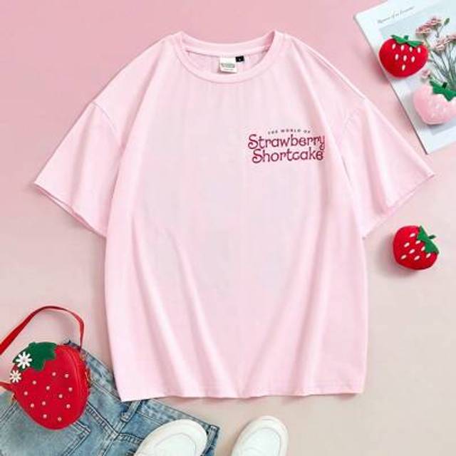 SHEIN Pink Round Neck Short Sleeve Loose Nine Squares Cute Cartoon Casual Strawberry Print Comfortable Summer Comfortable Women&#39;s T-Shirt