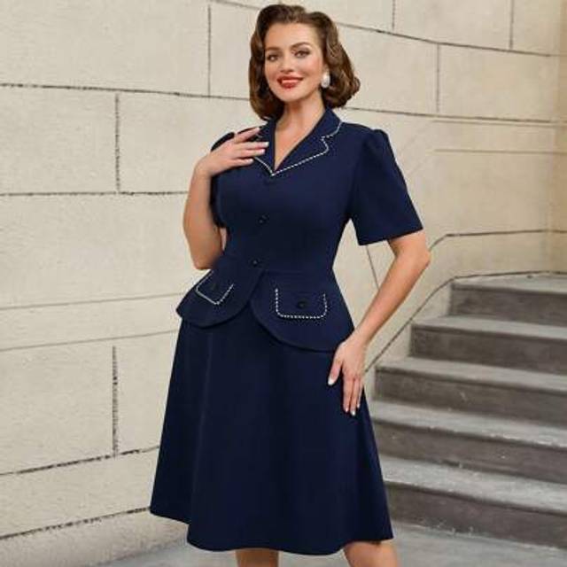 SHEIN Elegant Vintage 50s Swing Dress Curve Ladies Short Sleeves Mock Pockets Office Ladies Peplum