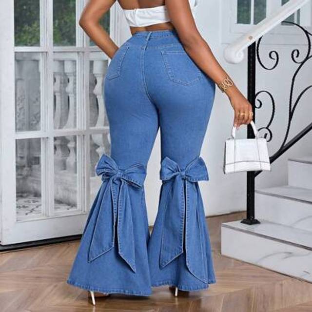 Maweii Plus Size Women&#39;s Stretchy Denim Flare Leg Jeans With Bow Decor, Slim Fit Denim Flared Pants Summer Outfits For Women Festival Outfits  Vacation Outfi