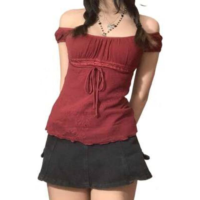 SHEIN Women Y2k Fairy Grunge Shirts Short Sleeve See Through Lace Trim Square Neck T-Shirt Vintage Aesthetic Goth Crop Tees Tops