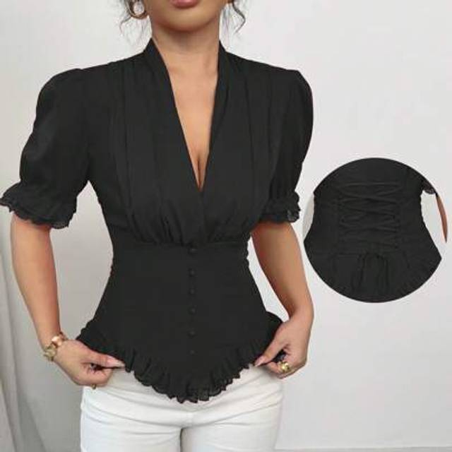 Gloray Women&#39;s Elegant Red Waist Adjustable Tie-Up Ruffle Lace Panel Square Neck Blouse