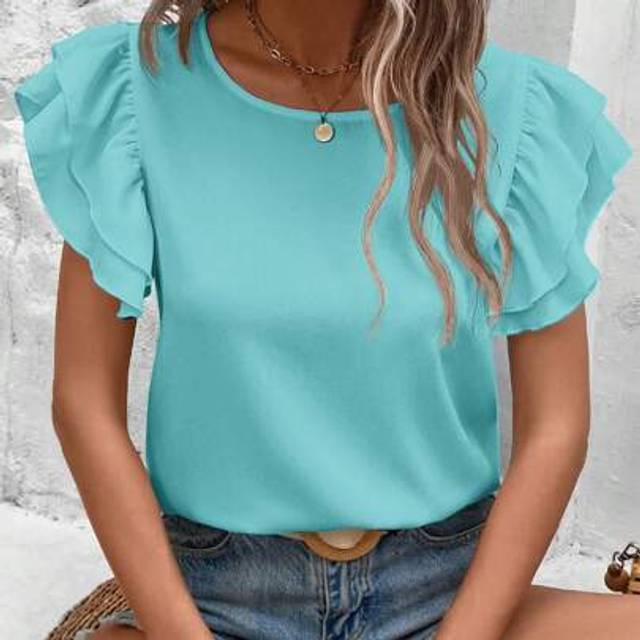 SHEIN Plus Size Vacation Casual Solid Color Cap Sleeve Blouse